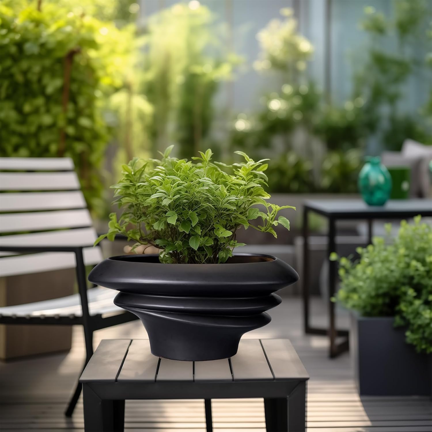 SQOWL Bonsai Pot 10 Inch - Ceramic Succulent Planter with Drainage Hole Large Plant Pot for Indoor Plants Outdoor Modern Home Decor Black