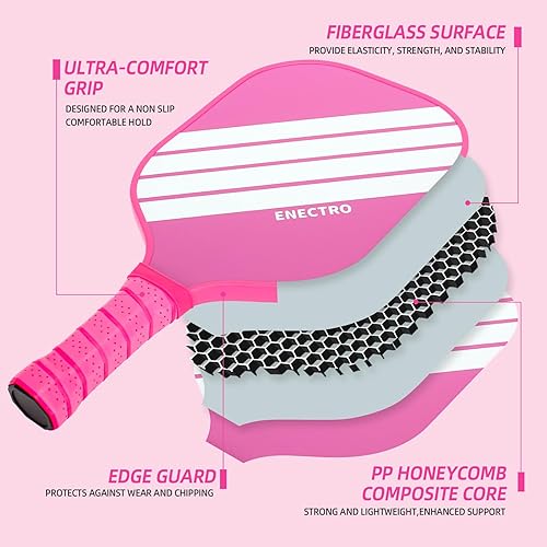 Miniatura 3 de Juego de 2 palas de pickleball rosadas, juego de bolas de fibra de vidrio aprobadas por USAPA con 2 bonitas raquetas de pickleball ligeras, 2 bolas