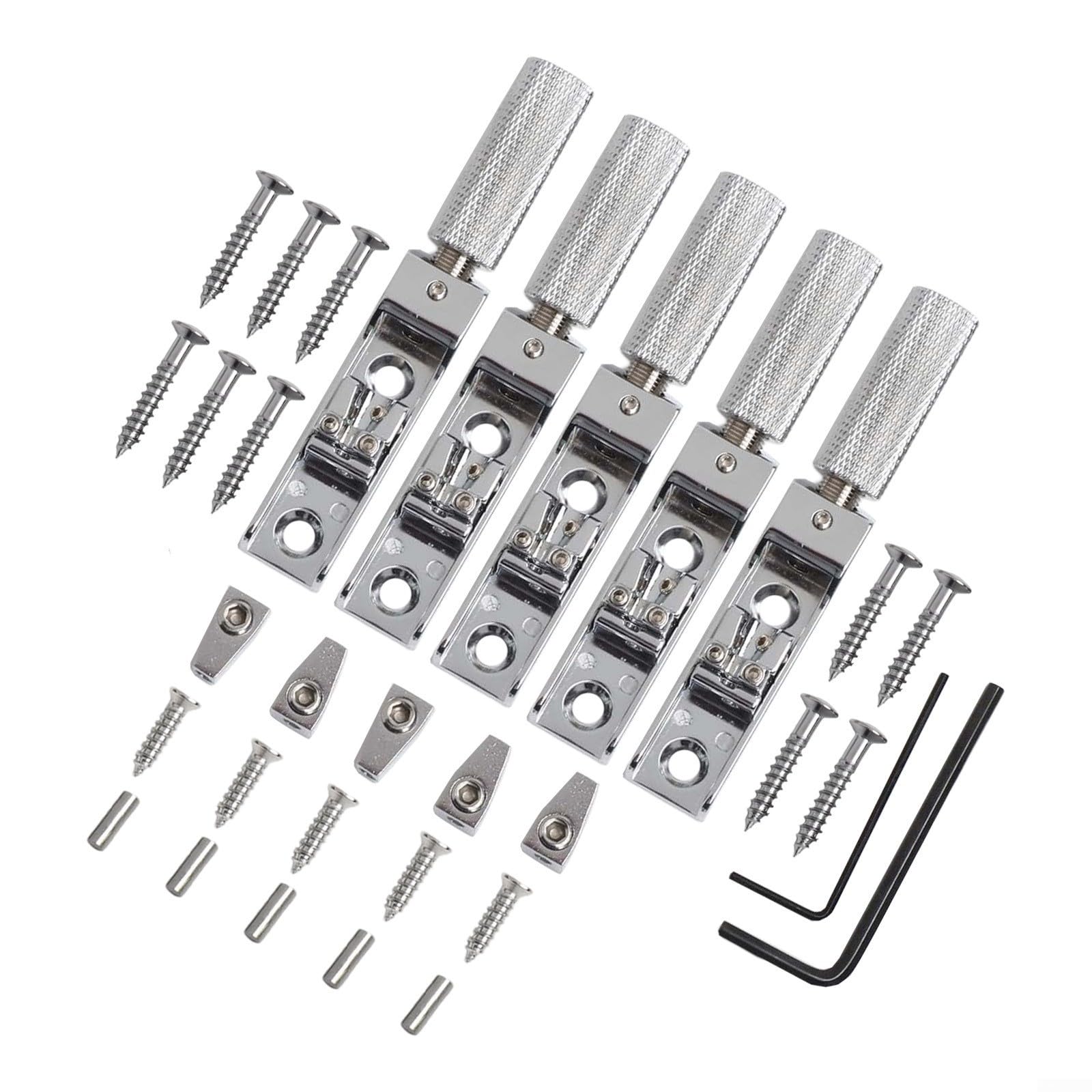 1 set di ponte per basso senza testa per basso elettrico a 4/5/6 corde, ponte split singolo con viti e chiavi, argento, accordatura precisa e stabilità per bassi senza testa (argento, 5 pezzi)
