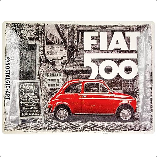 Nostalgic-Art Cartel de hojalata retro – Fiat 500 – Coche rojo en la calle – Idea de regalo para los fanáticos de Italia, placa de metal, diseño