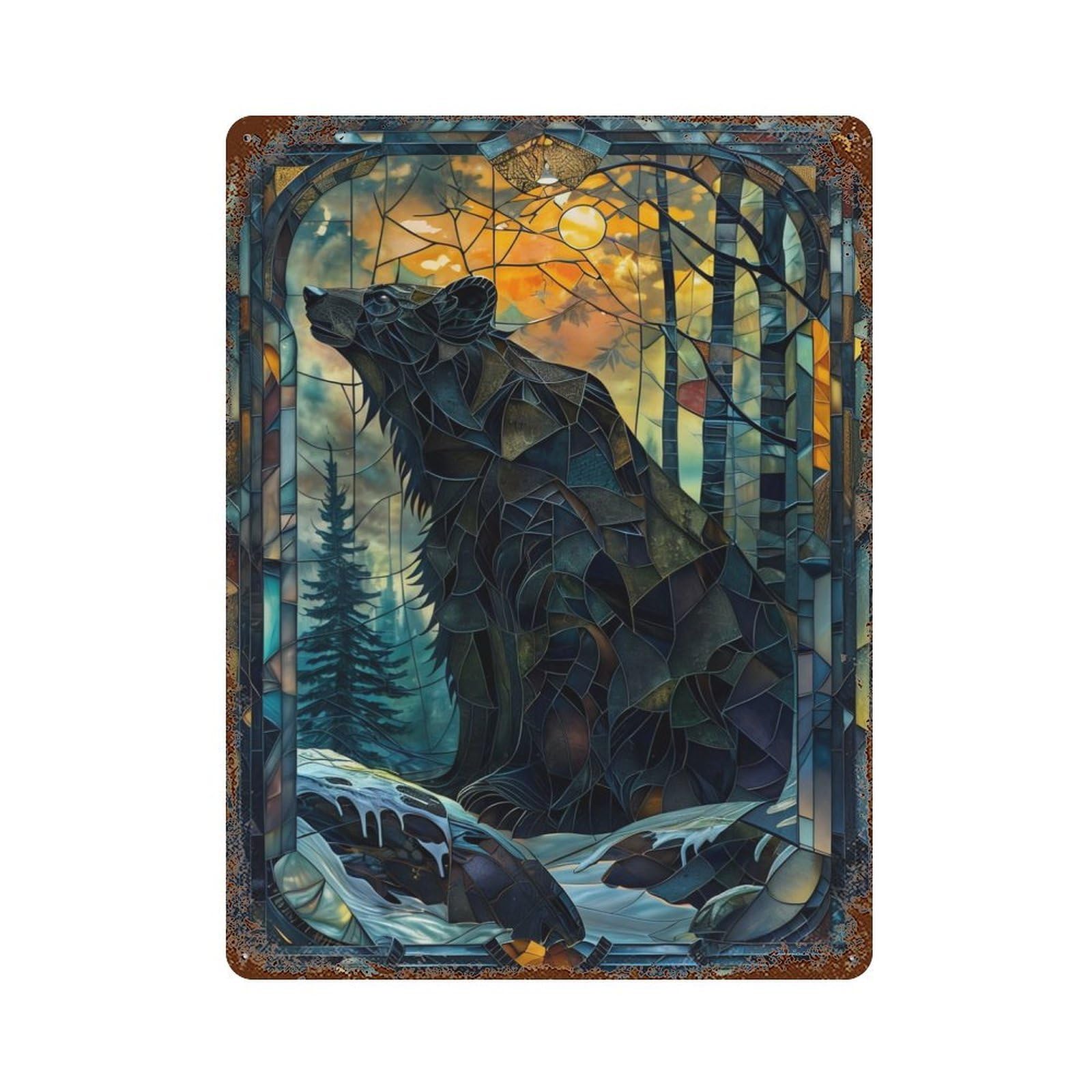 Mystic Stained Glass Bear Decorative Tin Sign 15.7"x11.8", Ideal for Cafe, Home Bar And Lounge Decor