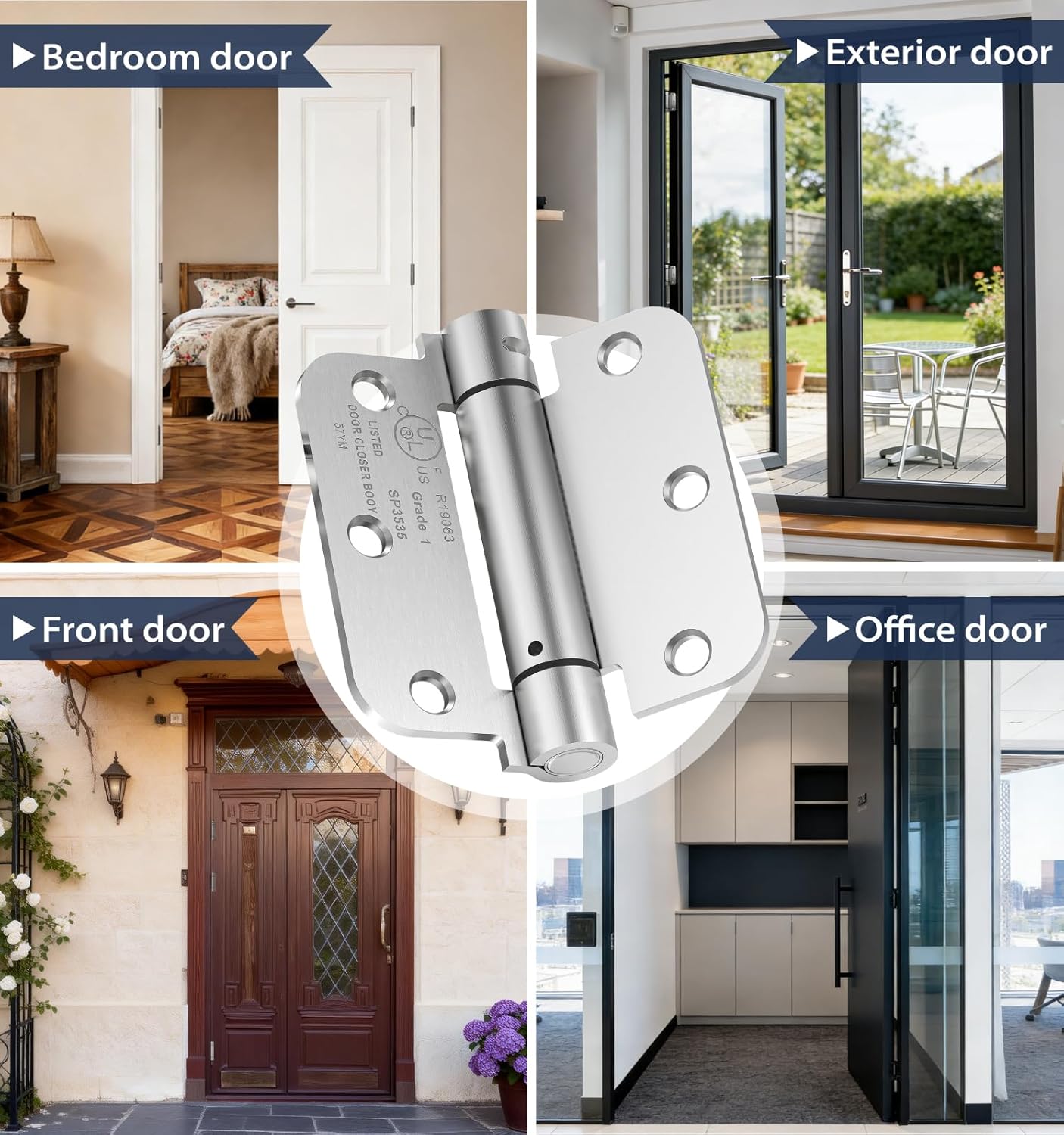 4-Pack Self Closing Door Hinges, 3.5 Inch Spring Loaded Door Hinges, Adjustable Tension for Exterior,Garage, Front Back Door,Left Right Hand Door, 5/8'' Radius Corners,UL Listed,Brushed Nickel