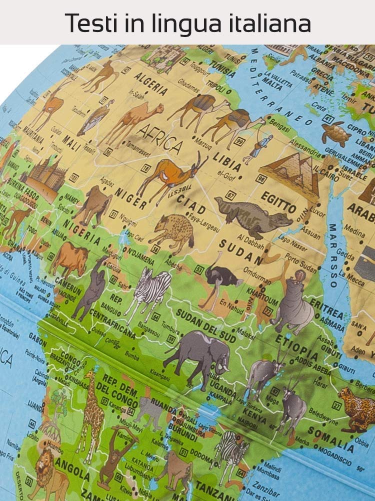 Tecnodidattica Safari 25 Mappamondo illustrato con animali, diametro 25 cm, italiano
