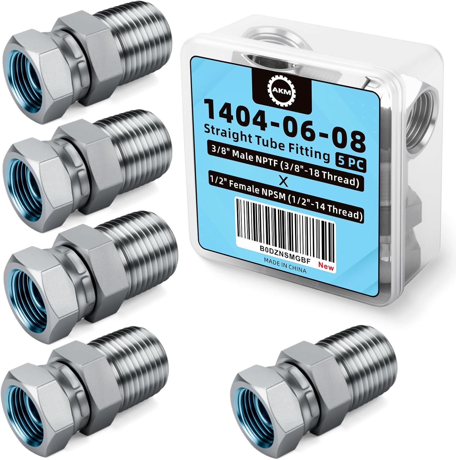 Straight Hydraulic Hose Adapter Fittings, 1404-08-06 1/2"-14 NPT Male Pipe x 3/8"-18 NPSM Female Pipe Swivel Connectors x 5 pack