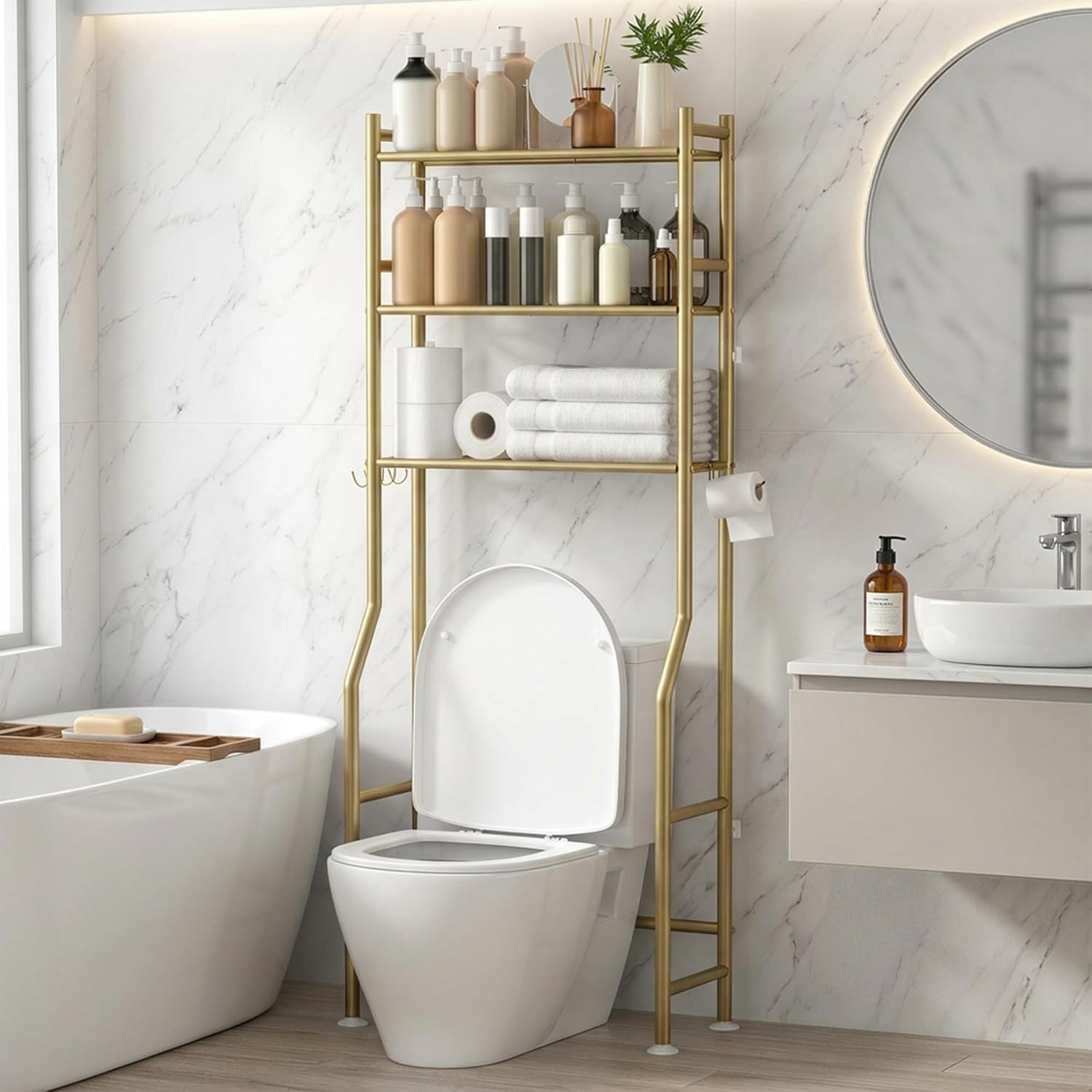 3-Tier Over Toilet Storage with Anti-Tilt Safety System - 150lb Total Capacity Metal Bathroom Shelves Including Paper Holder & 4 Hooks, Space Saving Above Commode Organizer (64" H, Gold)