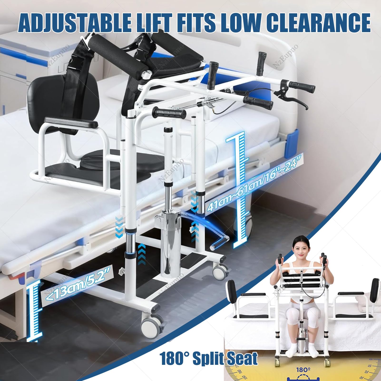 Silla Elevadora De Traslado Para Pacientes, Silla De EnfermeríA Con Asiento Abatible De 180°, Sillas De Ruedas De BañO Con Altura Ajustable Para Personas Mayores Y Personas Con Discapacidad Blue