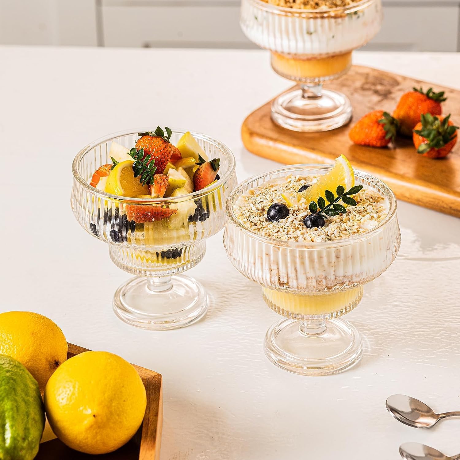 Red-Rubby Ice Cream Sundae Glass Bowl Set of 3, Clear Stripes Footed Dessert Bowls, Glass Dessert Cups Perfect for Sundae, Ice Cream, Fruit, Salad, Cocktail, Trifle 300ml (3)