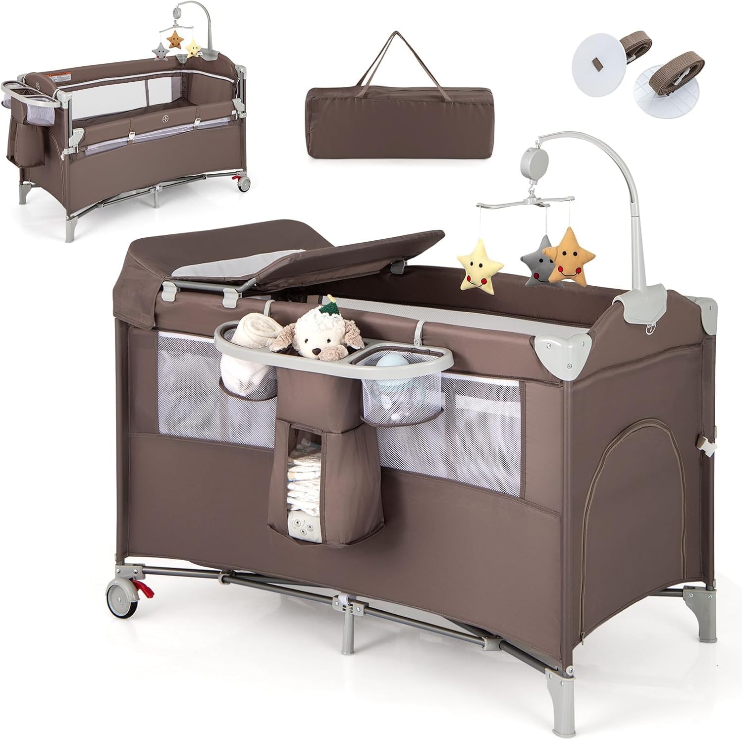 RELAX4LIFE 5 en 1 Cuna Infantil Bebe con 2 Ruedas Bloqueables, Cambiador, Correa Fijación, Caja de Música y 3 Juguetes Colgantes, Cuna con Colchón y Bolsa de Transporte para Bebés 0-36 Meses (Café)