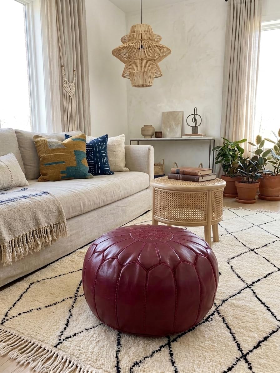 Pouf marocan en cur, repose-peds ottoman bohème, pouf rond ethnque