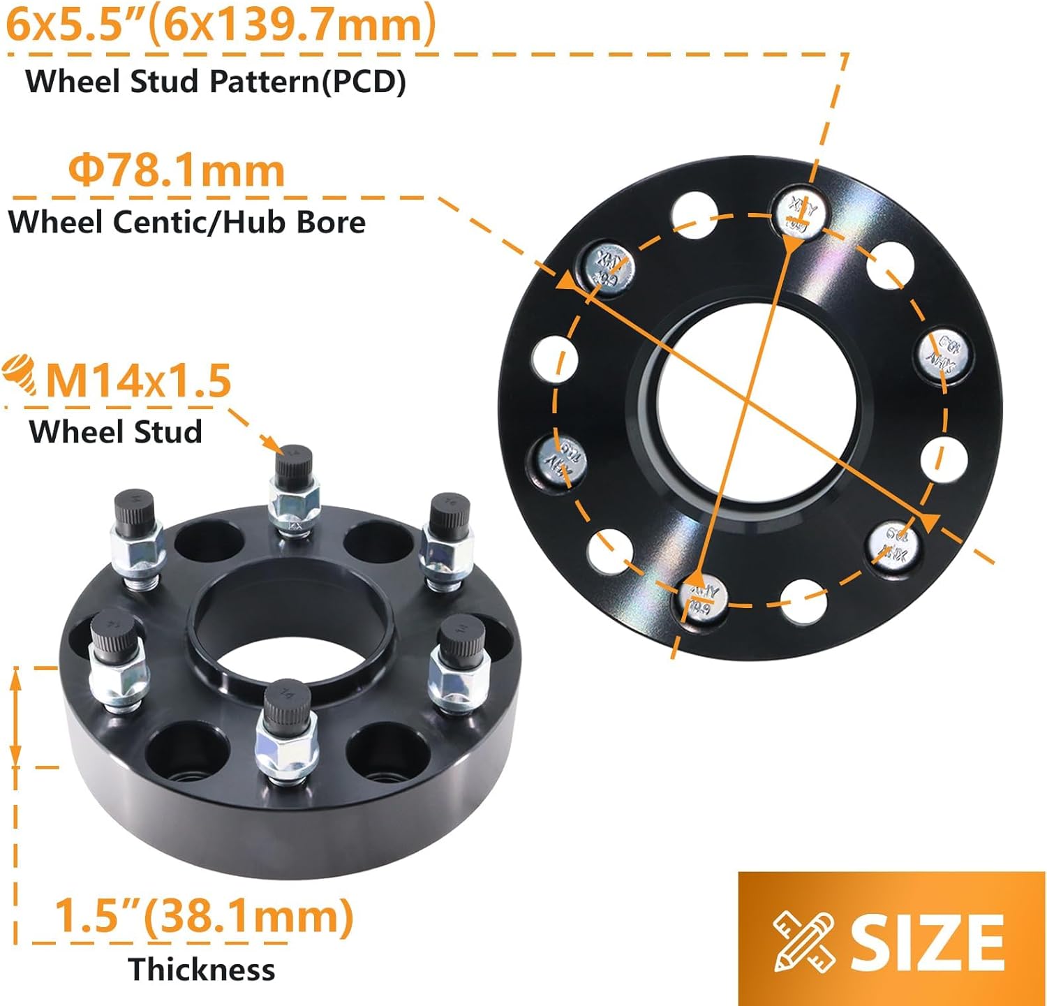 6x139.7 Wheel Spacers for 1999-2024 Chevy Silverado GMC Sierra 1500 Yukon Escalade, 03-14 Savana Express Tahoe, 07-13 Avalanche, 15-24 Suburban, 1.5 inch 6x5.5" 78.1mm Hub Bore M14x1.5 Studs, 4 PCS