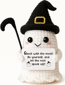 MAMAGIFTREE Crochet Ghost Gift with Funny Message Card Cute Halloween Keepsake for Women Men Friends, Spooky Birthday Gift