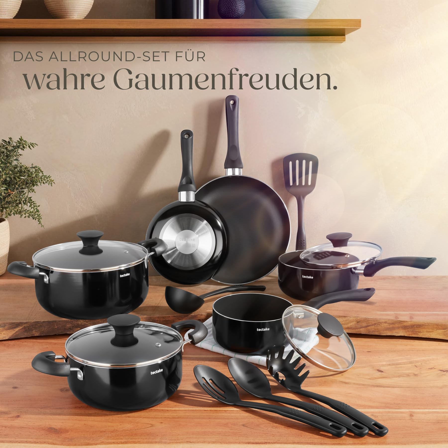 tectake® 15tlg Set mit 5x Küchenhelfer, 2x Pfanne, 4x Topf, jeweils mit Deckel, Kochtopf Set Antihaft Beschichtung, Töpfe + Pfannen aus Aluminium, Zubehör für Haushalt, Camping und Küche