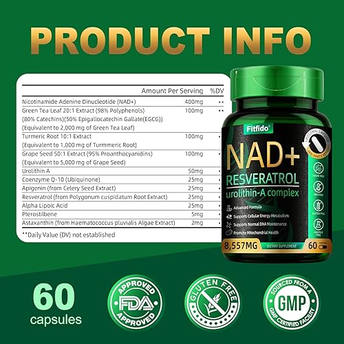 Miniatura 8 de Complejo liposomal NAD+ Resveratrol 300mg - Absorción mejorada con urolitina A y CoQ10 - Apoya la energía celular y el mantenimiento del ADN - Sin