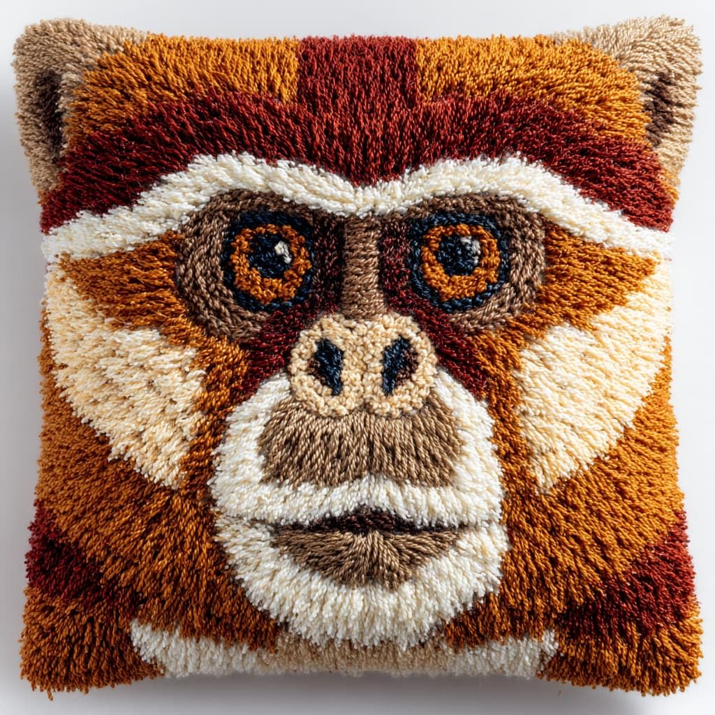 Taxpy Latch Hook Kits, Animals Monkey Pillow DIY Rug Crochet Hook Cushion Making Kits with Preprinted Pattern Canvas DIY Handmade Sofa Cushion Kit 43x43cm