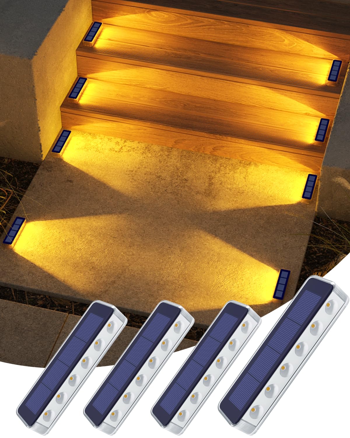 DetarZinLED Solar Lights Outdoor Garden, 4-Pack Waterproof Decking Lights Warm White, 1000mAh Battery & 8-10H Auto Lighting Solar Step Light for Stairs Dock Patio Path Driveway