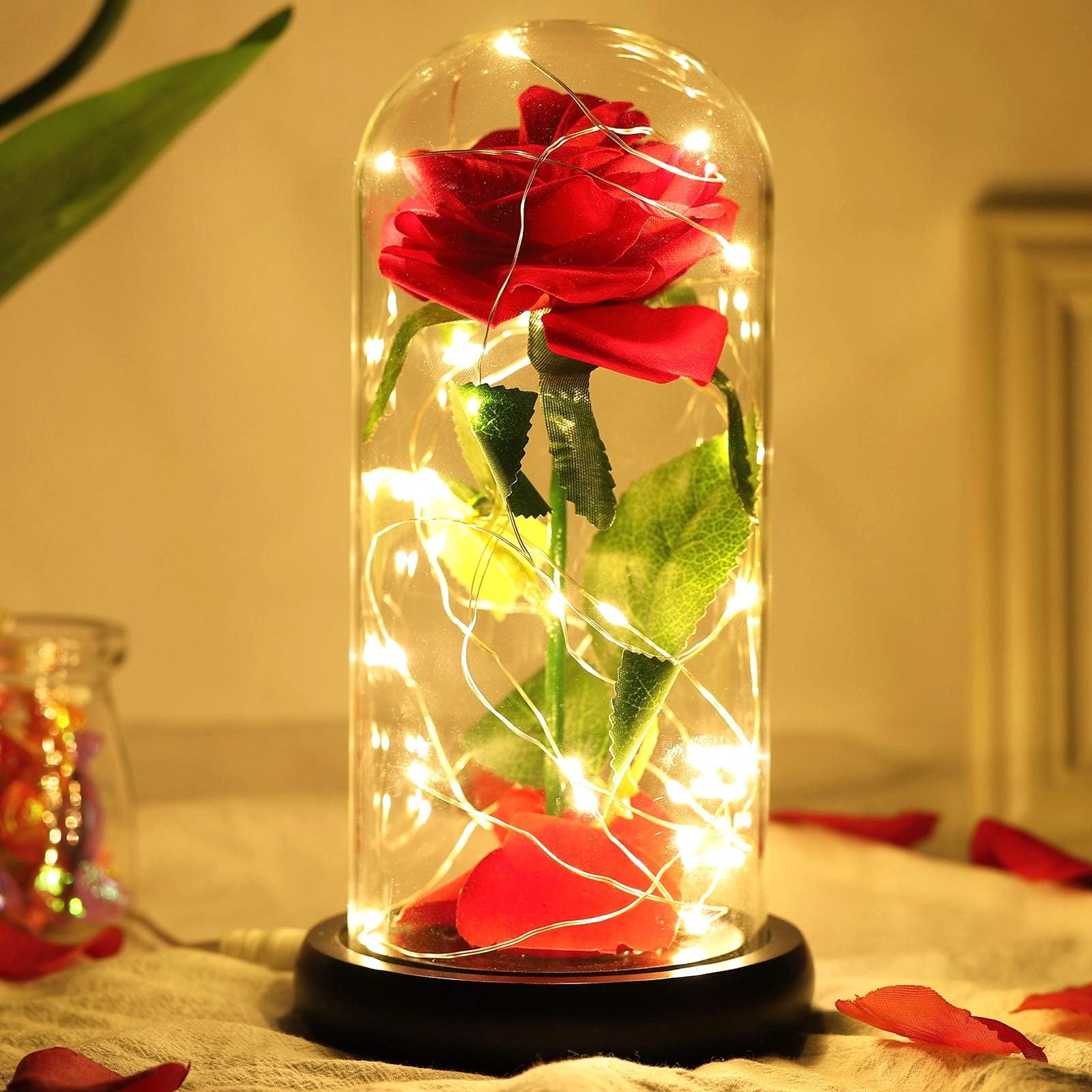 HXS Beauty and The Beast Rose Enchanted Rose in Glass Dome Lite Red Rose with LED Lights Flowers Gift for Women, Valentines Flowers Eternal Rose for Valentines Day, Mothers Day