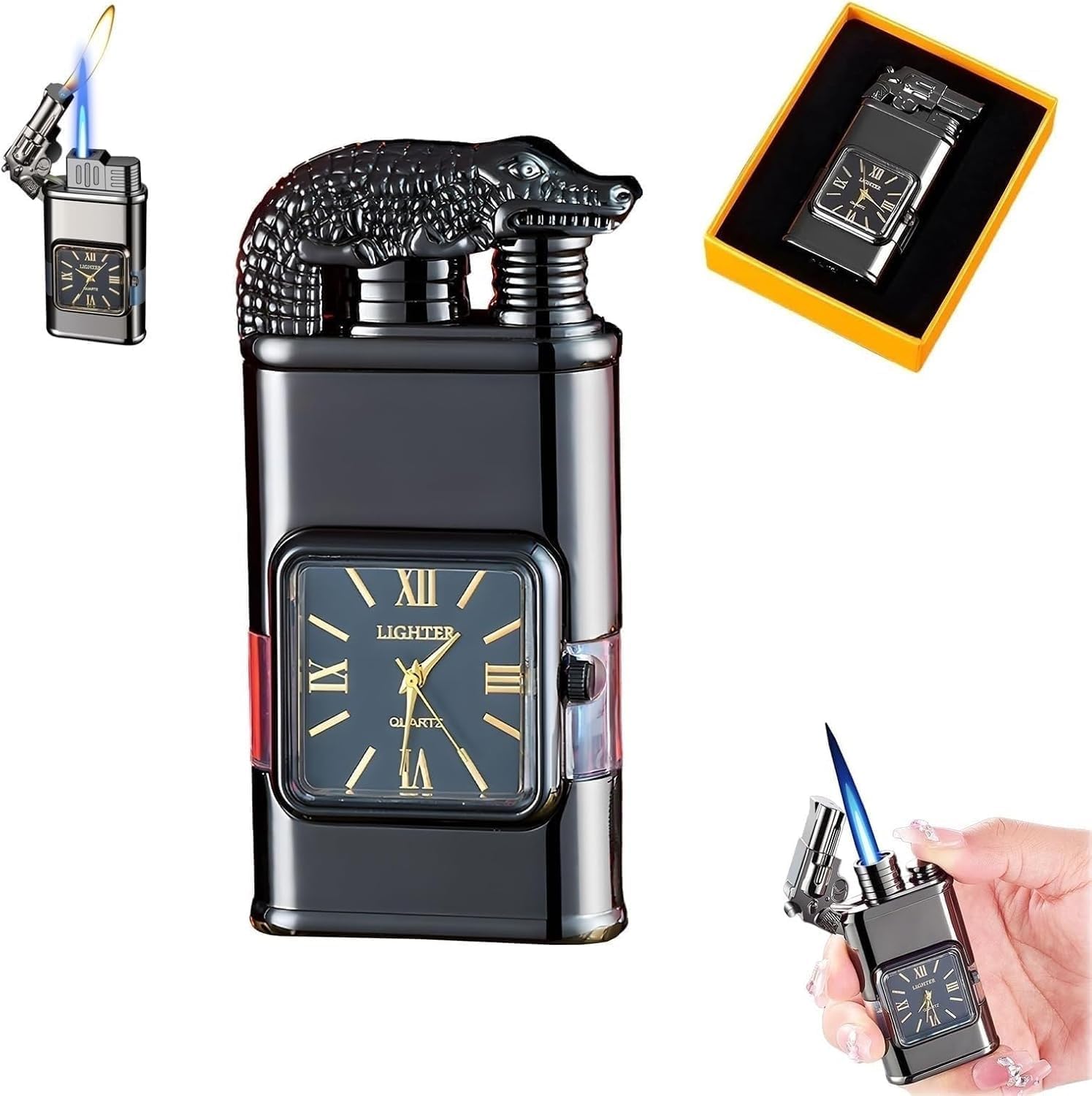 Windproof Lighter Vintage Watch Bezel Jet Flame Torch,Jet Torch Butane Lighter Dragon Head-Shaped Design, Refillable Butane Lighter with Visible Fuel Window (black, E)