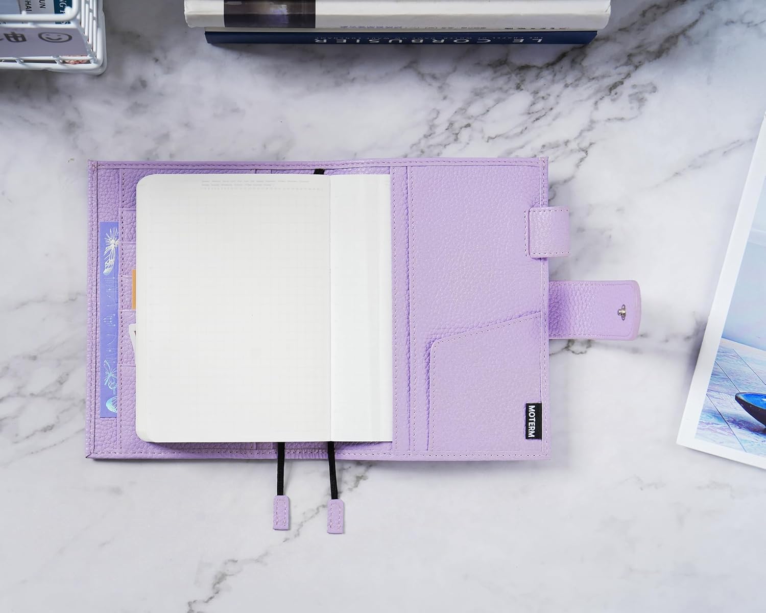 Moterm Leather Cover for A6 Notebooks - Fits Hobonichi Original, Stalogy and Midori MD Planners, with Pen Loop, Card Slots and Back Pocket (Pebbled-Lavender, A6+)