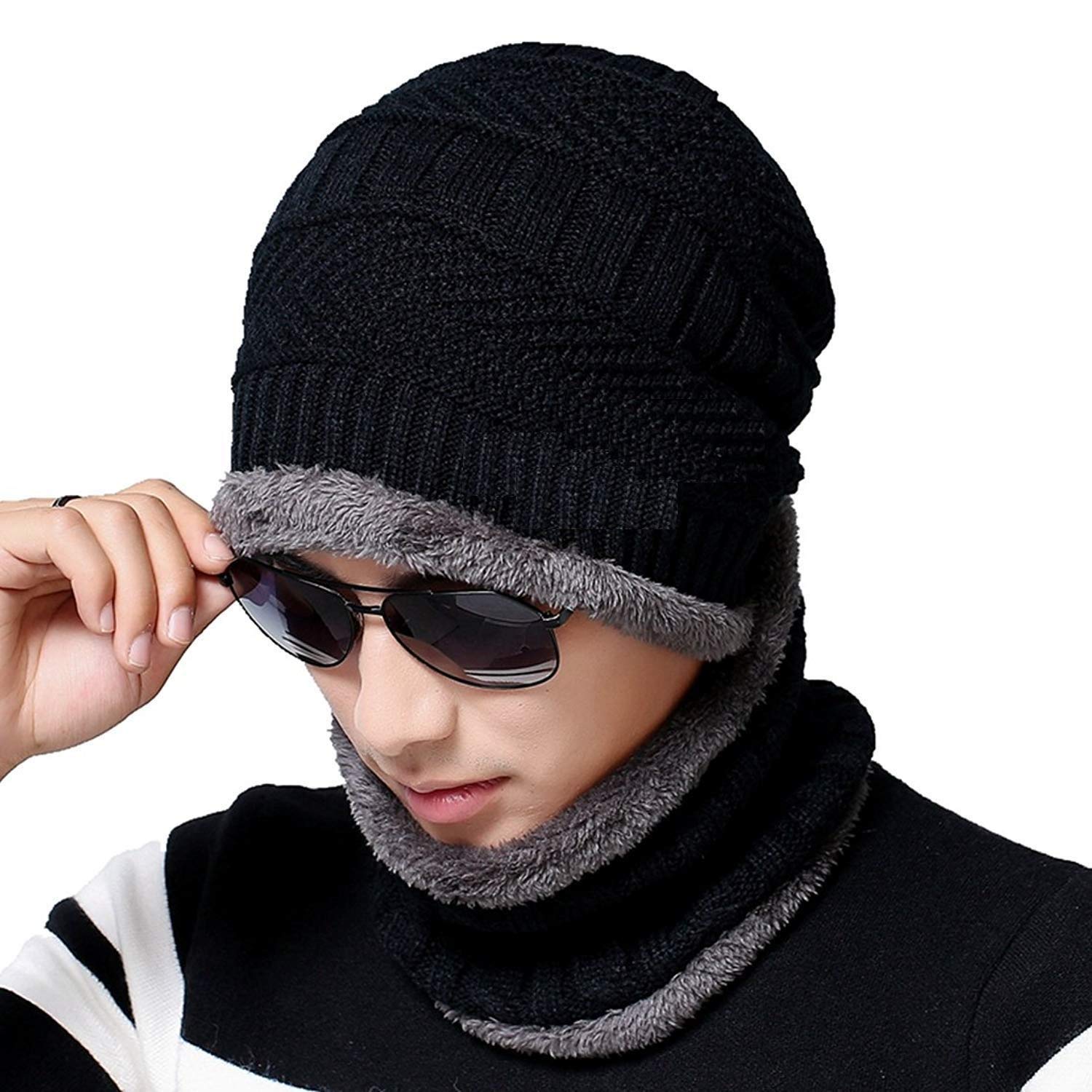 AUZENO Winter Beanie Cap with Scarf Warm Knit Cap Thick Fur snowproof Winter Hat & Scarf for Men/Women, black(CAP_WITH_SCARF_BLK_01)