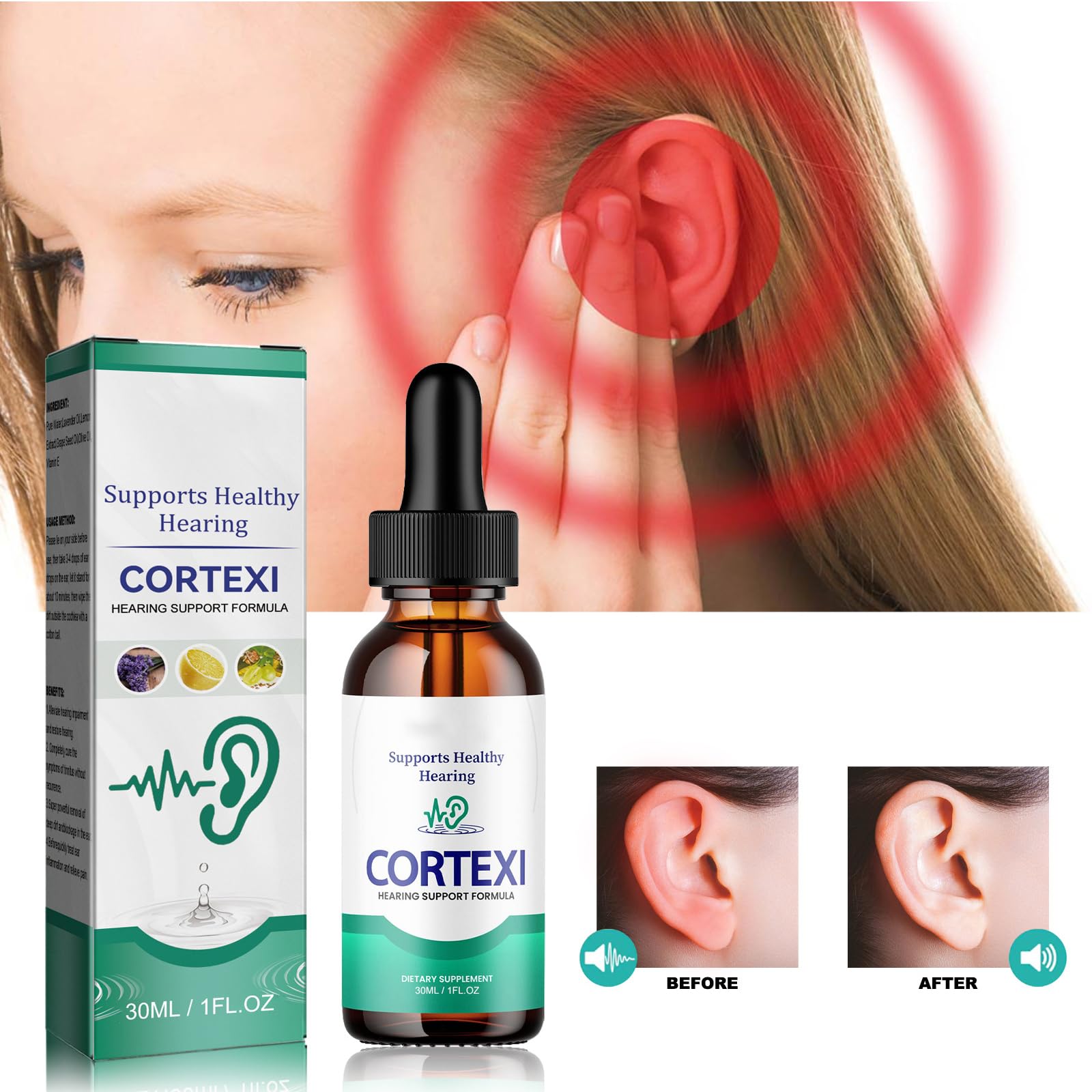 Gocce per orecchie, acufeni, allevia i dolori uditivi, allevia l'orecchio, gocce di cura per le infezioni uditive, 30 ml, 1 pz