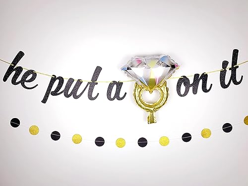 Miniatura 4 de Juego de suministros de decoración de fiesta de compromiso juego de pancarta de He Put a Ring on It globos de anillo y pancarta de puntos dorados y