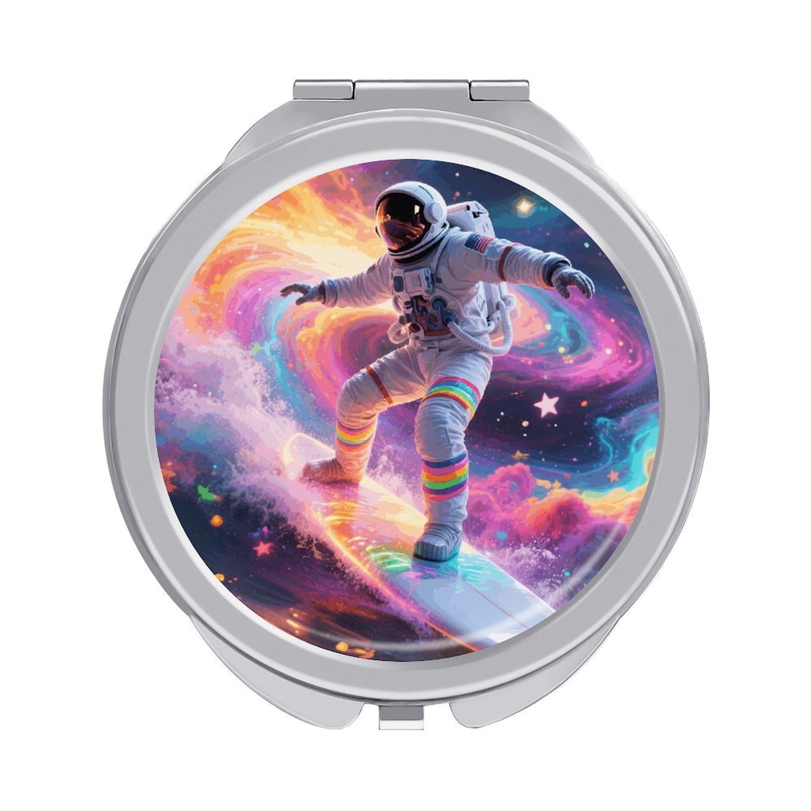 FodPand Compact Hand Mirror with 1x/2x Magnifying Round Travel Makeup Mirror Mini Foldable Colorful Astronaut Cosmetic Mirrors Travel Essentials Gift for Women Girl Portable for Pocket Purse -Silver