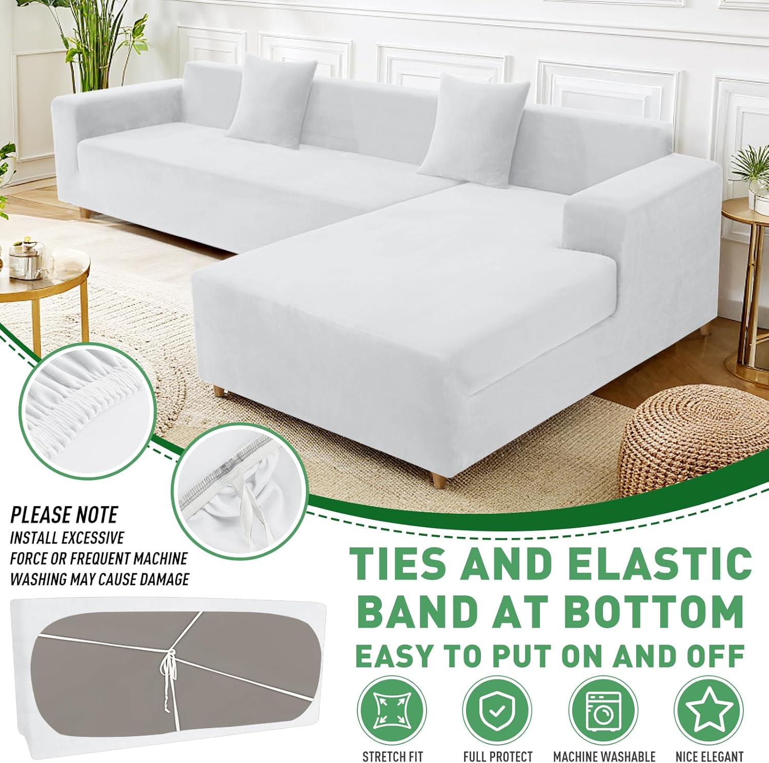 ZNSAYOTX 2026 Soft Velvet Sectional Couch Covers, Luxury Plush Slipcovers with Elastic Bottom for L Shape Sectional Sofa, 2 Pcs Pet Friendly Protector (3 Seat Couch + 3 Seat Chaise, White)