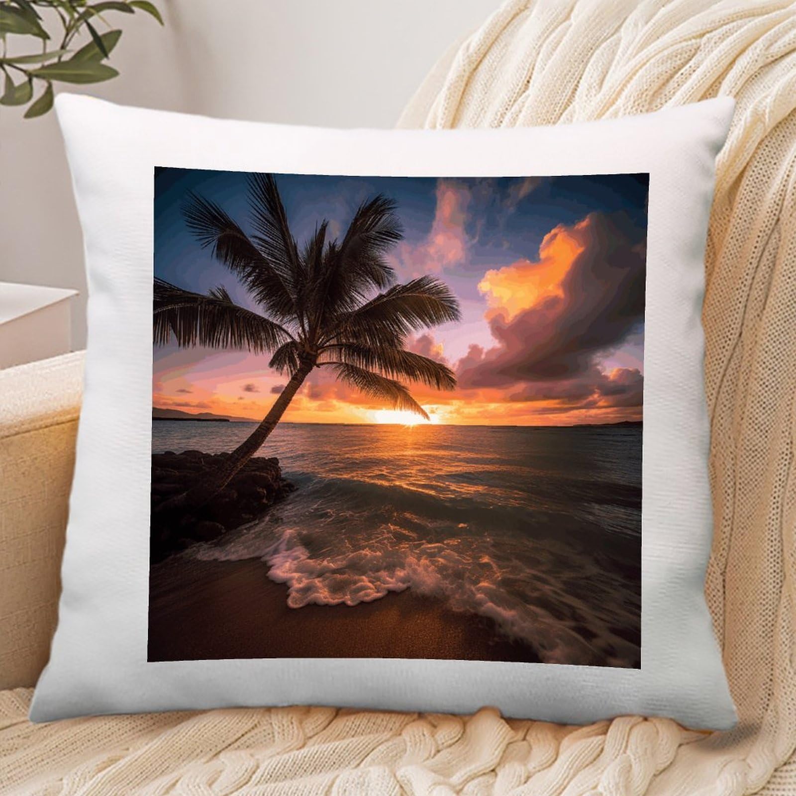 VstaDank Palm Tree Sunset Beach Throw Pillow Covers Square Cushion Cases with Zipper Soft Cotton and Linen Pillowcase Luxury Cozy Pillows Shams Lumbar Pillow Shells for All Seasons