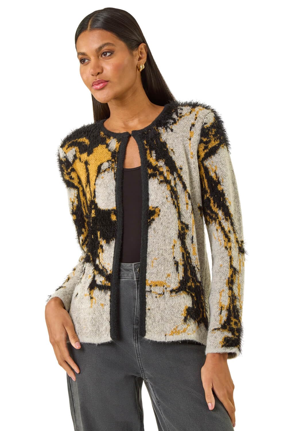 Roman Women's Grey Fluffy Textured Knit Cardigan Size 20