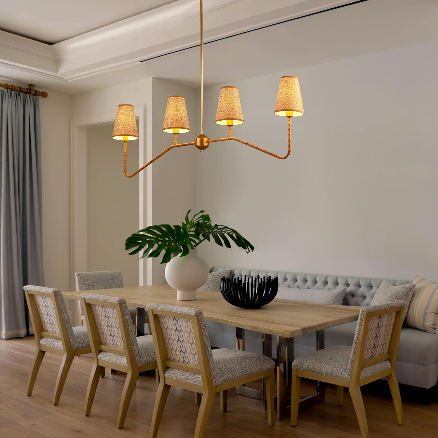 VILUXY 4-Light Linear Kitchen Island Lighting Fixture 47’’ Dining Room Chandelier with Hand Woven Rattan Shade Linear Pendant Light Fixture Gold, UL Listed