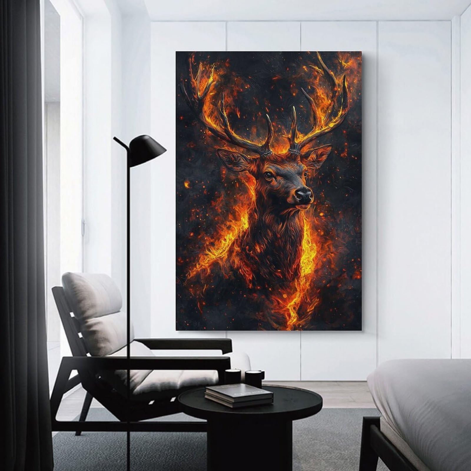 Junmoney Fiery Stag in Flames Canvas Wall Decor 24x36inch(60x90cm), for Workspace Walls, Study Corners Or Bedrooms, Decorative Artwork for Productive Spaces