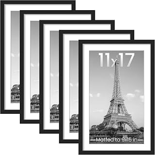 upsimples 11x17 Black Picture Frame Set of 5 - Gallery Wall Poster Frames for 9x15 with Mat or 11x17 Photos