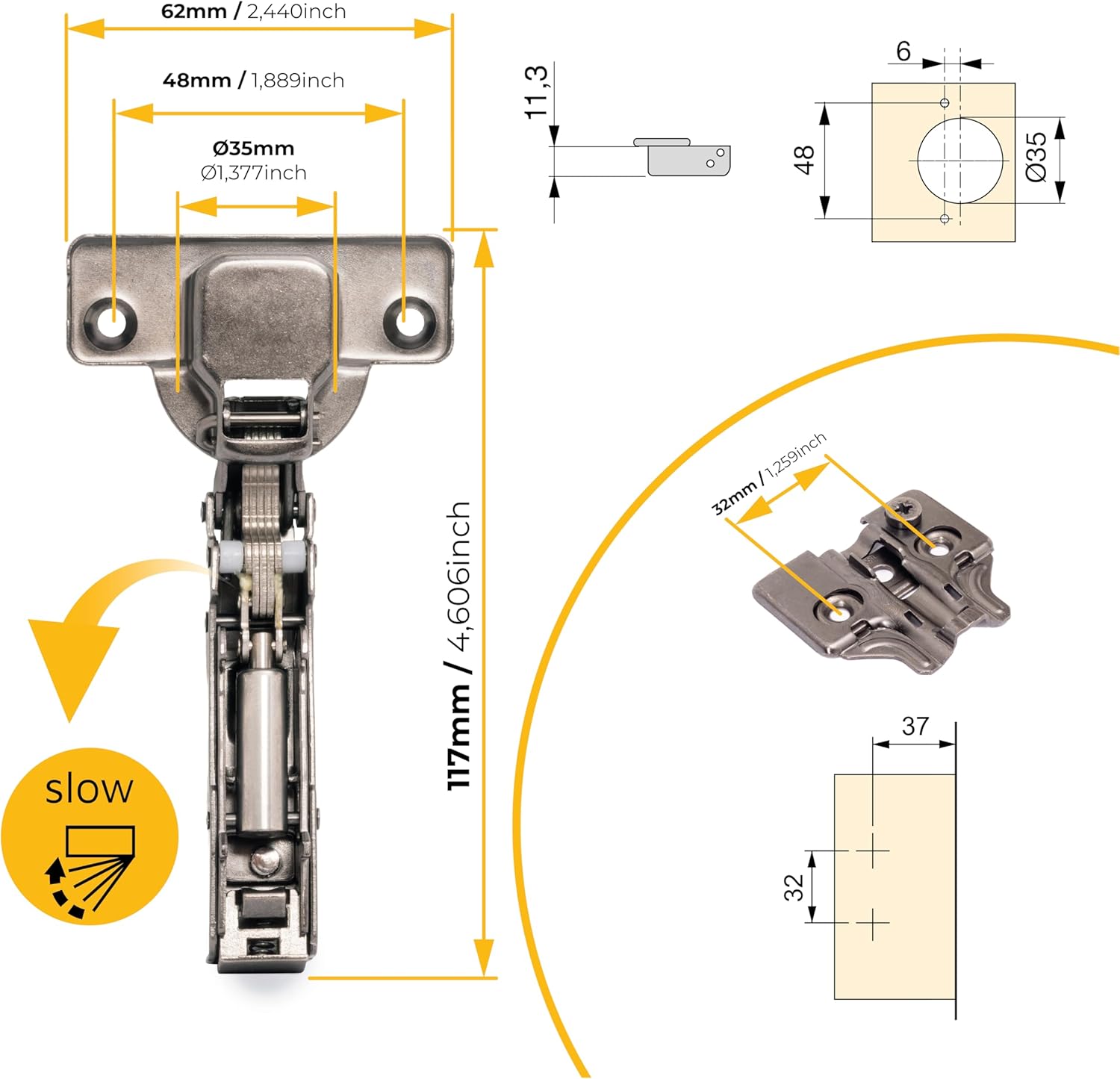 Emuca - X91 Straight Hinge kit with Soft Close and Supplement, Bolting Supplement, 105º Opening, Titanium, Steel, 20 pcs.