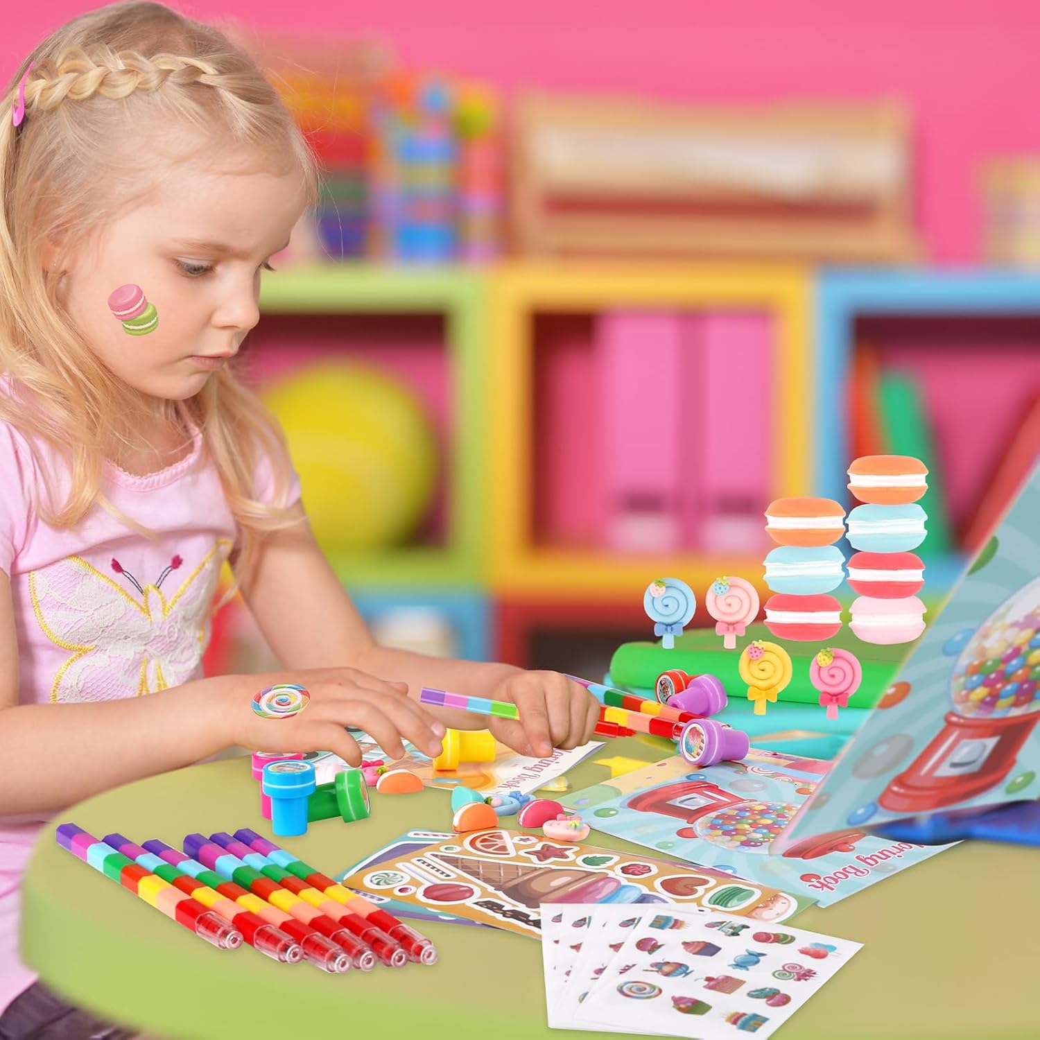 BenLouis 168Pcs Candyland Party Favors Ice Cream Donut Coloring Book Crayon Stickers Set Bulk for Kids Cupcake Lollipop Sweet Treats Birthday Gift Bag Desserts Pinata Filler Classroom Reward Crafts