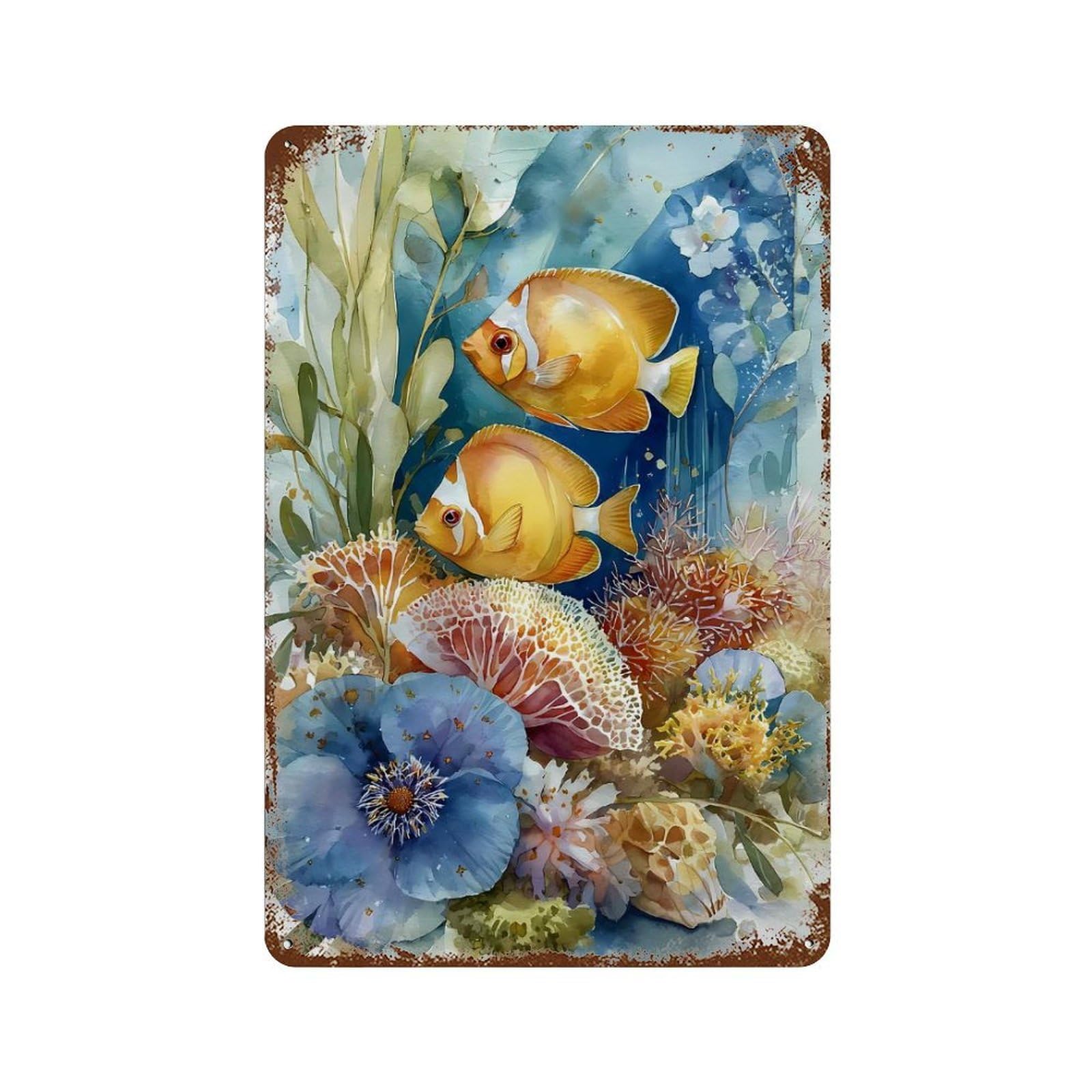 Watercolor Fish And Coral Reef Art 11.8"x7.9" Vintage Metal Tin Sign, Shabby Chic Decor for Office, Studio And Wall Decor