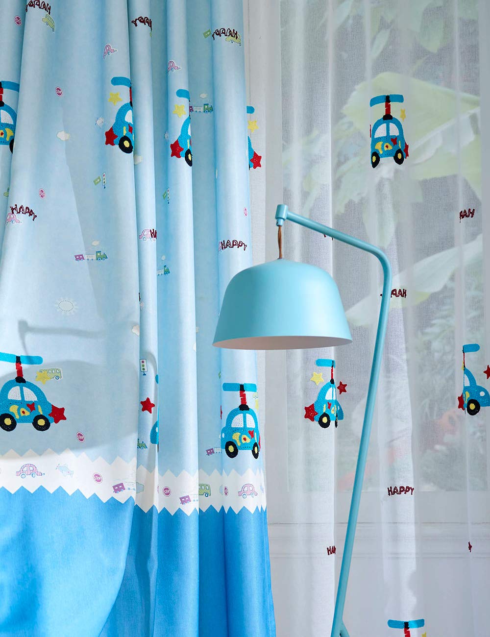 Lactraum Cortina Para Habitación Infantil, Opaca, Azul, Con Ojales, Divertida, Efecto Espejo, Bordado, Coche, 145 X 245 Cm