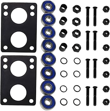 Skateboard and Longboard Hardware Refresh Kit Precision Bearings, Risers, Mounting Hardware, Axle Nuts, Spacers, Washers