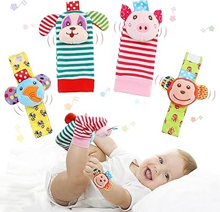 Newborn Baby Soft Rattle, Hand Bracelet Wrist Rattle Toy Foot Finder Sock, Arm Leg Babies Development Toys for Infant Bebe Boy & Girl (MA-4 PCS)