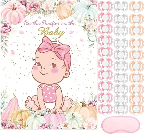 Miniatura 12 de Faccito Juego pon el chupón para baby shower Decoraciones para fiesta de baby shower Incluye póster grande 24 pegatinas de chupete Juego con venda