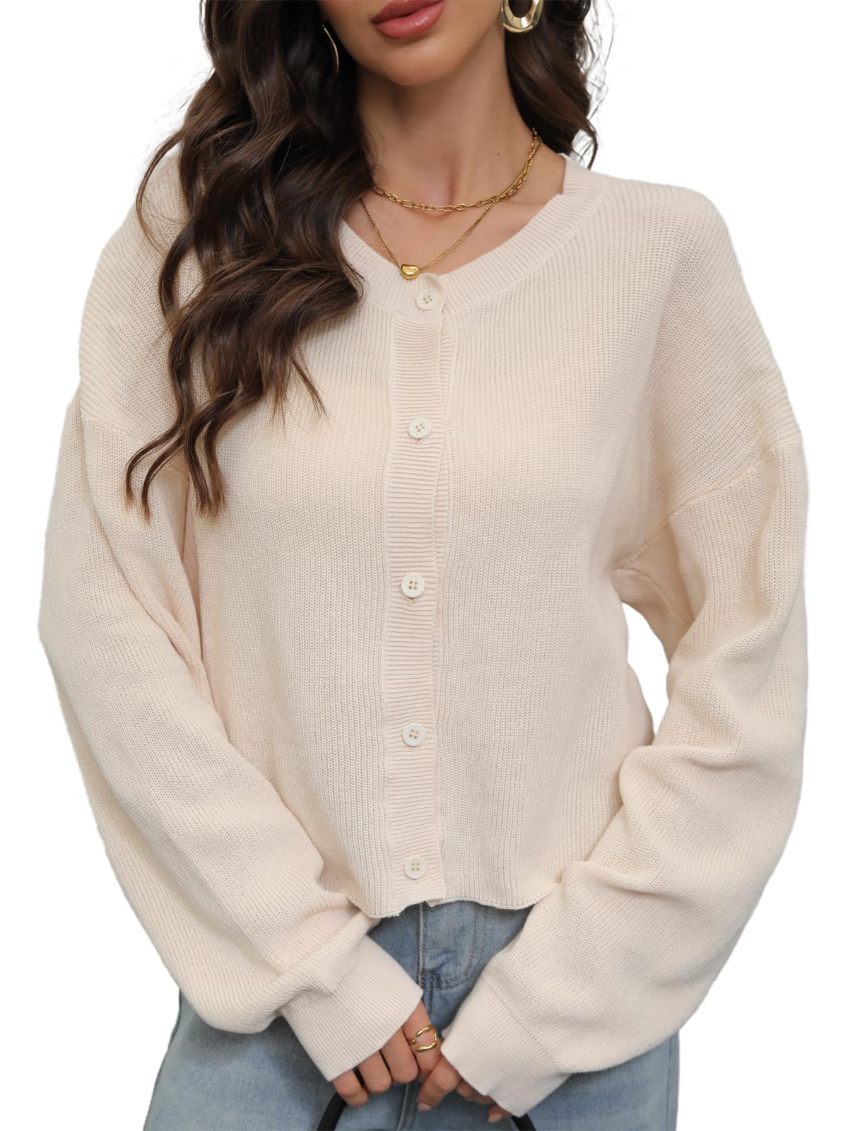 Cropped Button Down Cardigan Sweaters for Women Knit Open Front Crew Neck Oversized Loose Casual Cardigans