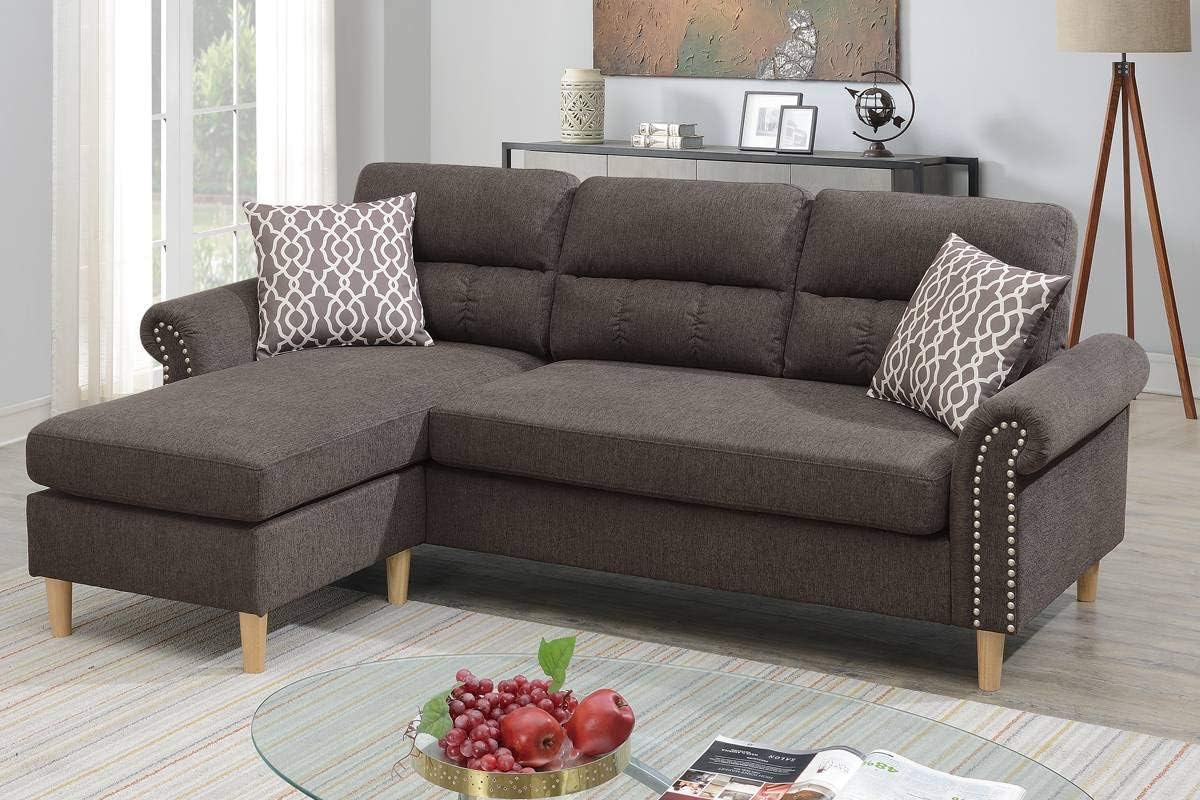 Maia 2-Piece Sectional Sofa Upholstered in Tan Fabric with 2 Accent Pillows
