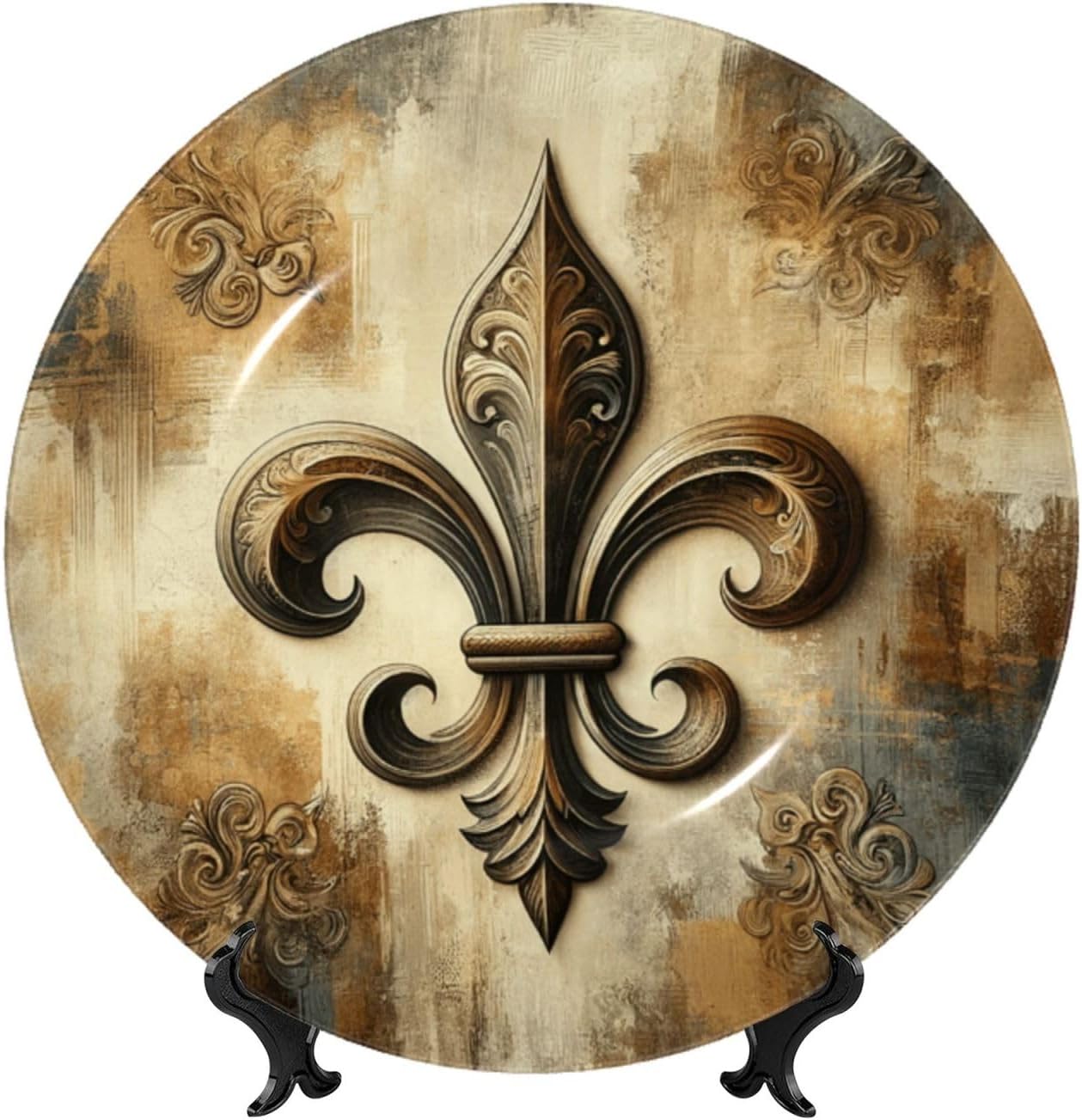 Fleur-De-Lis-Retro 10 Inch Decorative Plate With Stand, Elegant Display Wall Plate For Home Decor
