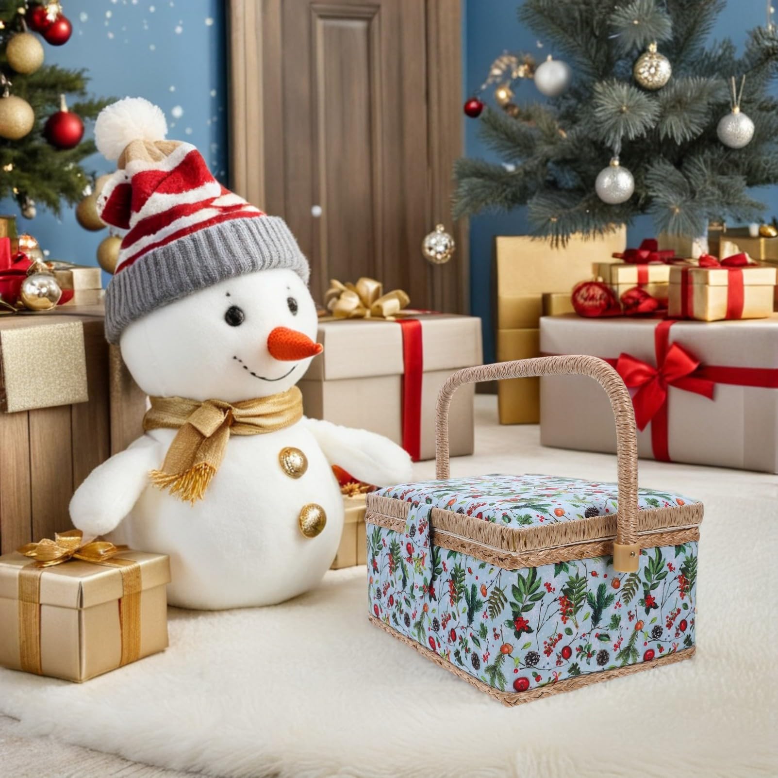 Mipcase Caja Organizadora de Costura Diseño Navideño, Gran Capacidad, Bordado Elegante y Diseño Portátil para Uso en Casa y Viaje