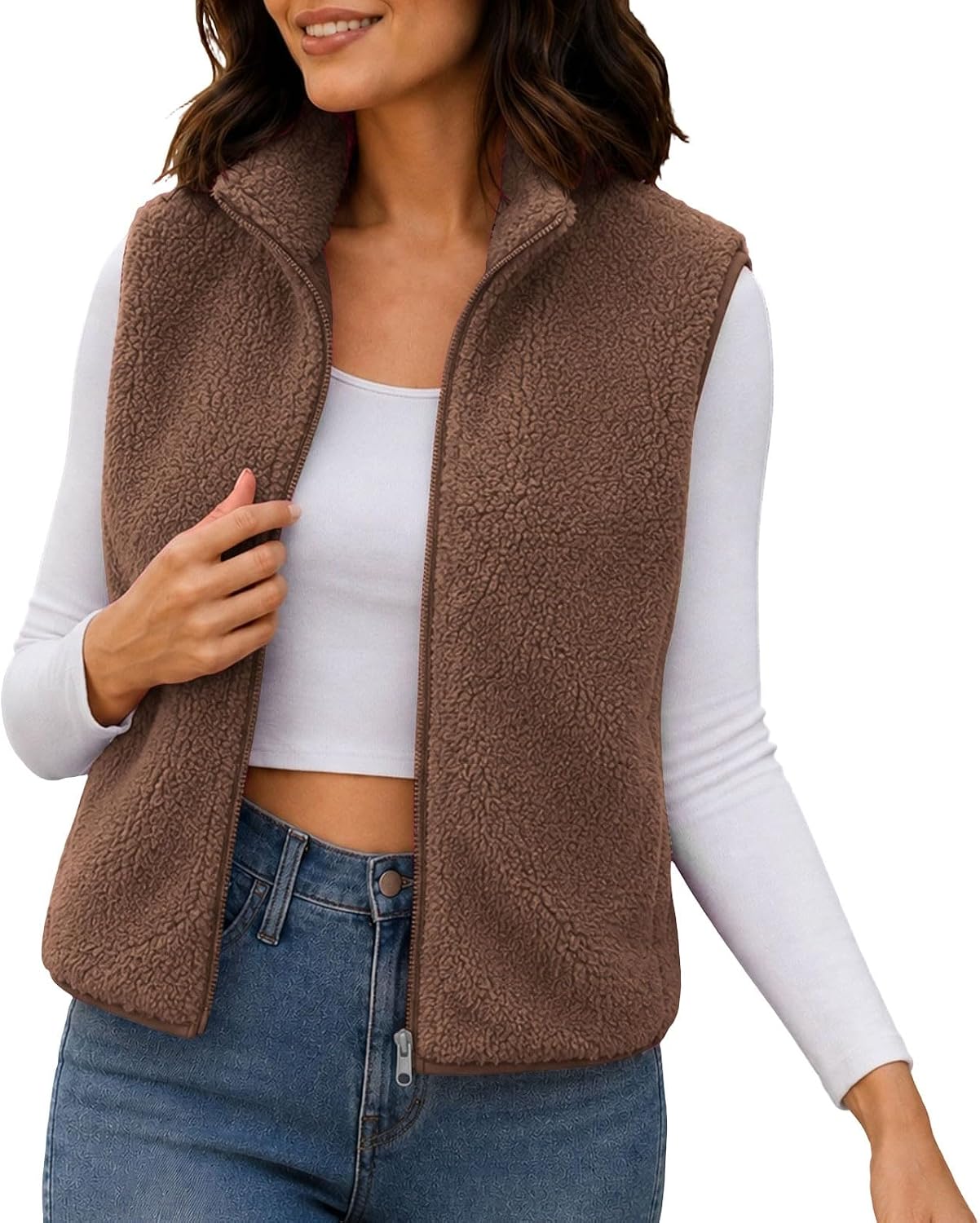 Women's Fleece Vest Zip Up Warm Winter Sleeveless Jacket Outerwear | Plus Size Vests For Women Brown Fleece Vest White Dark Blue Down Jacket Womens Fall 2026 Trendy Sheep Sweater Long 2026