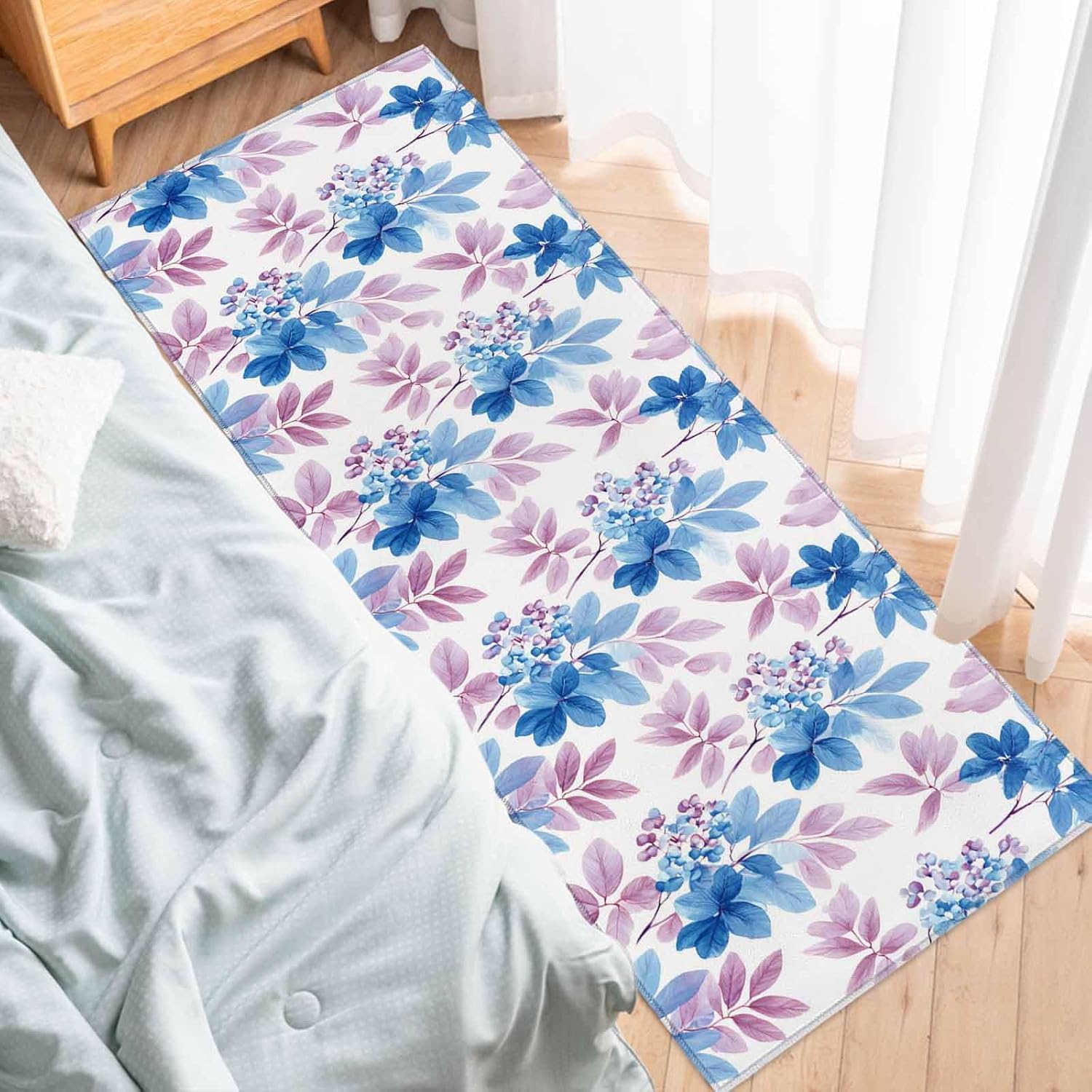 Teamery Kitchen Mats for Floor Farm Leaves Ombre Blue Purple Washable Non Slip Kitchen Rugs 1PCS, Boho Watercolor Botanical Absorbent Standing Mats for Sink Bathroom Office Living Room 23.6x70.9in