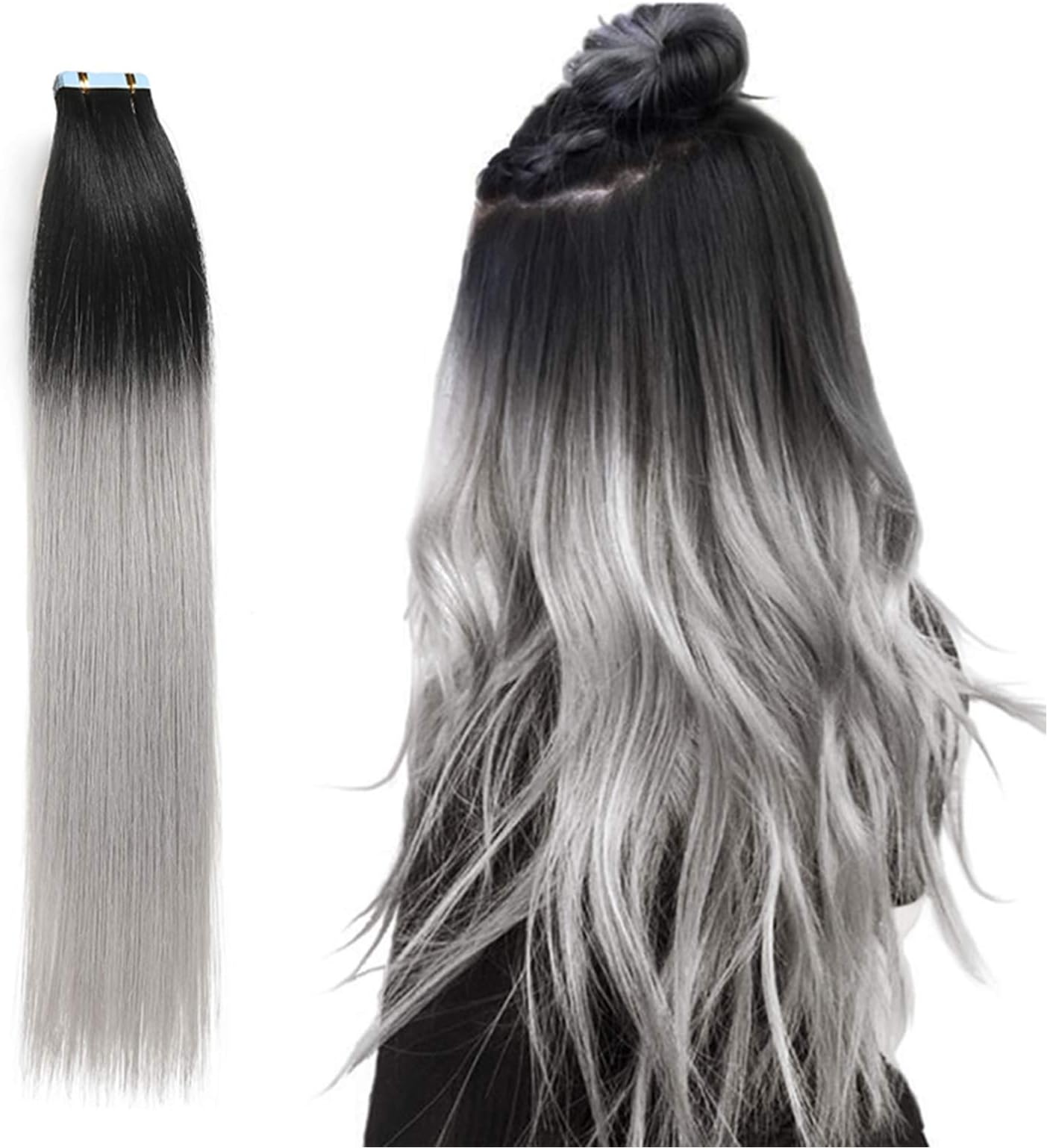 Tape in Hair Extensions, Real Natural Remy Human Hair, Seamless Straight Pu Skin Weft, 14 Inch 40 Gram 20 Pieces, Ombre Black to Silver Grey