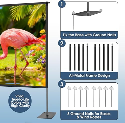 Miniatura 4 de Pantalla de proyector con soporte, kit de proyección portátil para interiores y exteriores de 120 pulgadas, marco de metal, sin arrugas, 169 4K HD,