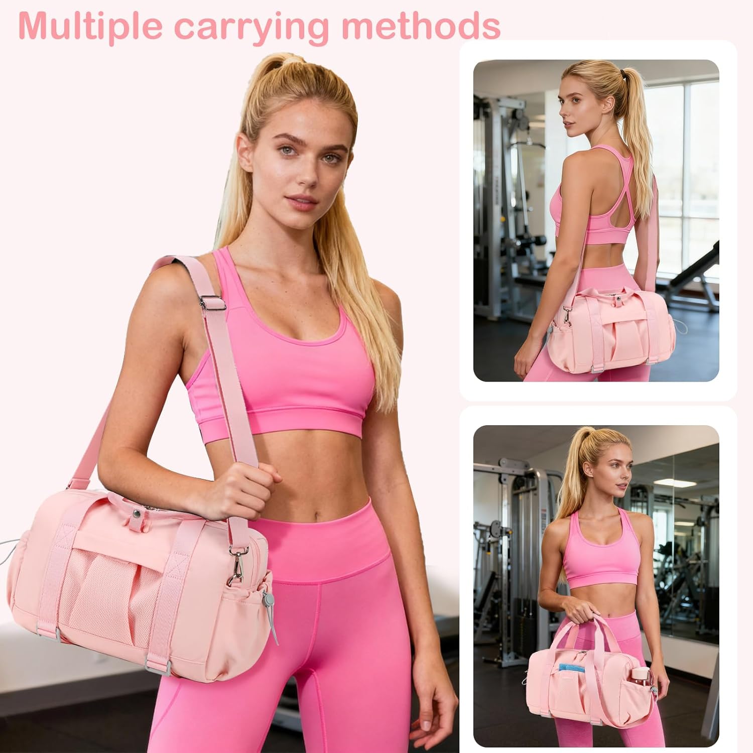 LEDAOU Small Gym Bag for Women, Mini Duffle Bag with Yoga Mat Holder Lightweight Carry On Sports Bag with Separate Shoe Pocket and Wet Pocket Duffel Bags Dance Yoga Workout Bag (Pink) - Image 3
