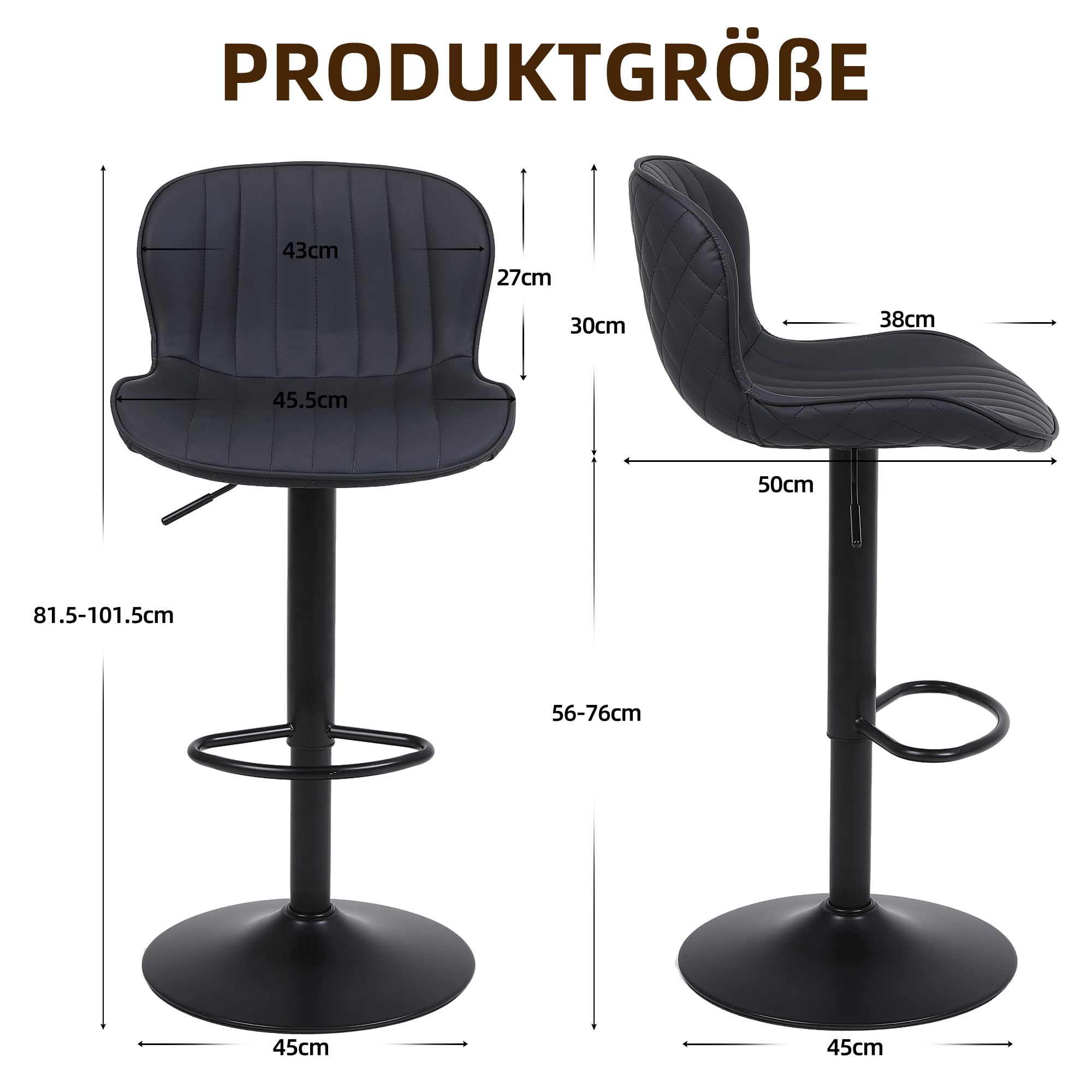 Barhocker × 1, Barstuhl Höhenverstellbar, Küchenstühle mit Rückenlehne und Fußstütze, 360°Drehbar, für Küche, Wohnzimmer und Esszimmer, Schwarz