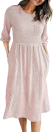 MEROKEETY Women's 3/4 Balloon Sleeve Striped High Waist T Shirt Midi Dress with Pockets